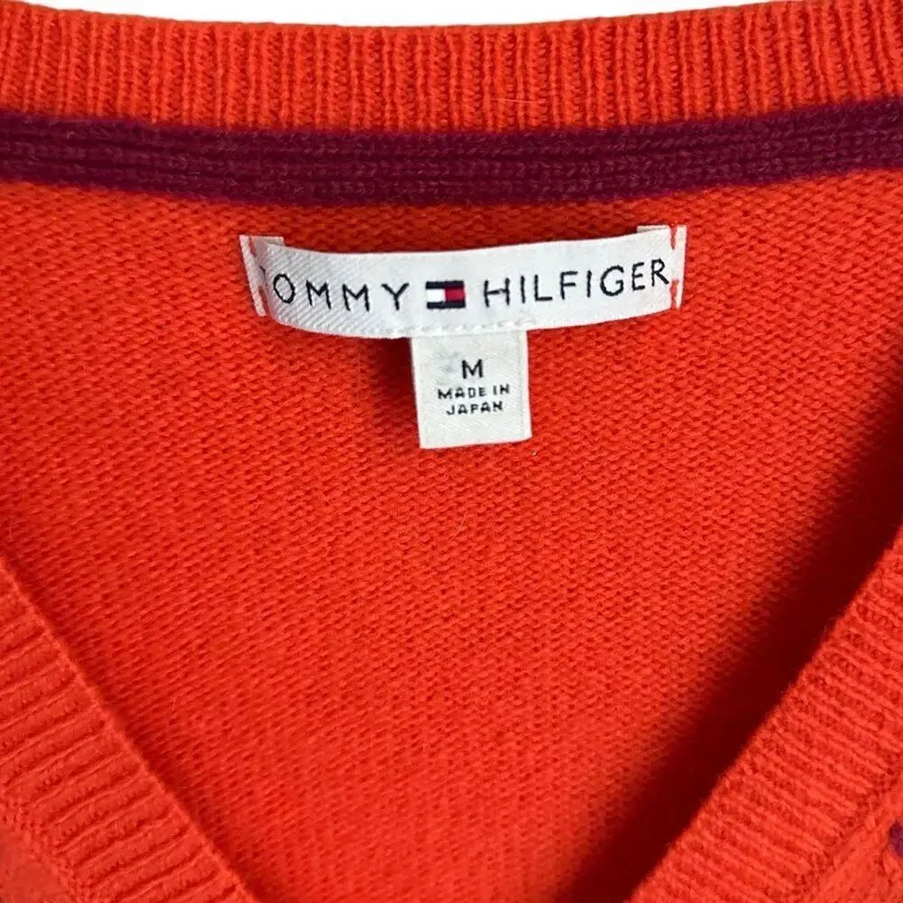Tommy Hilfiger Vtg Orange V-Neck Sweater Women M Geometric Argyle Wool Blend Y2K